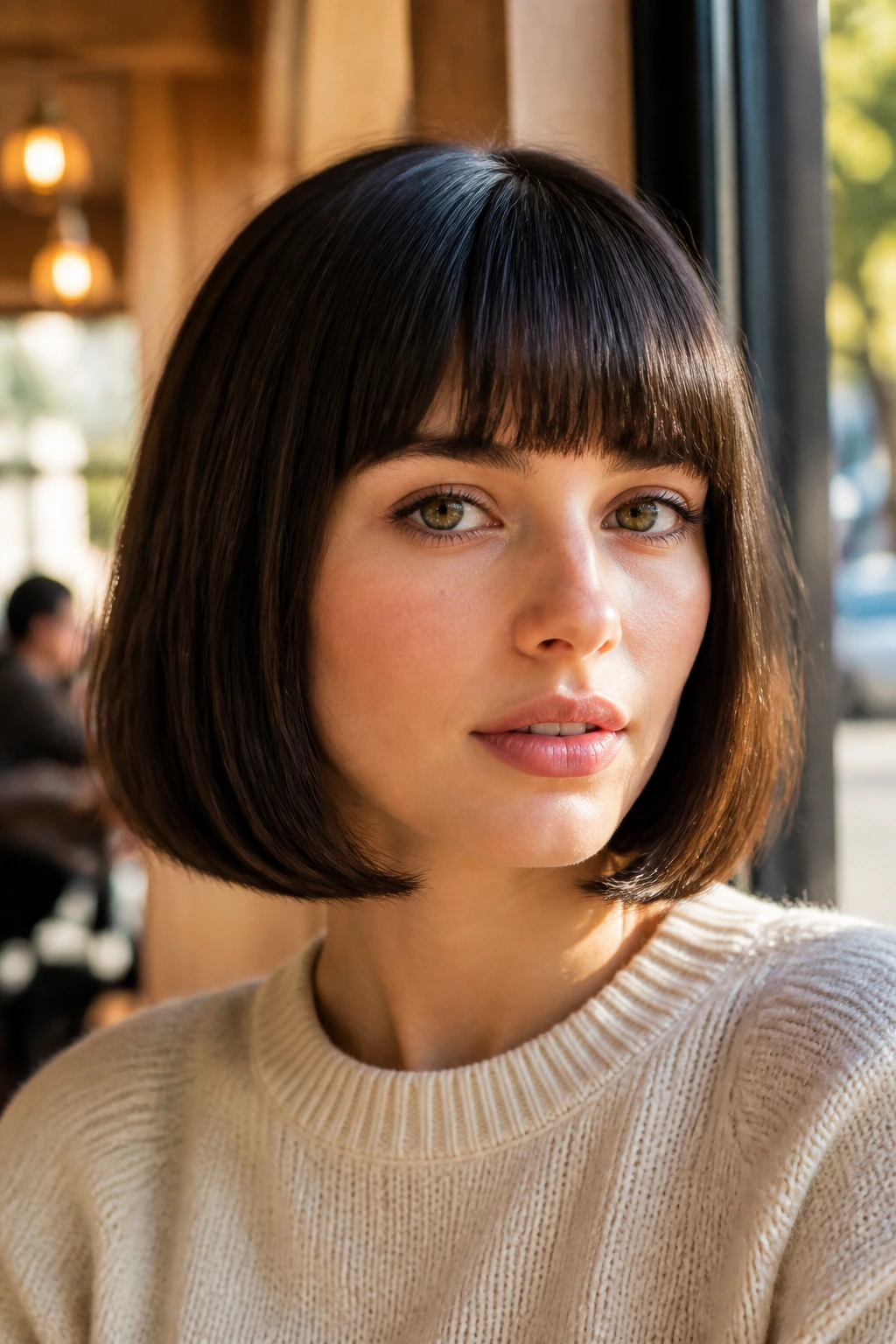 Portrait of a real woman with a chin-length bob and blunt bangs