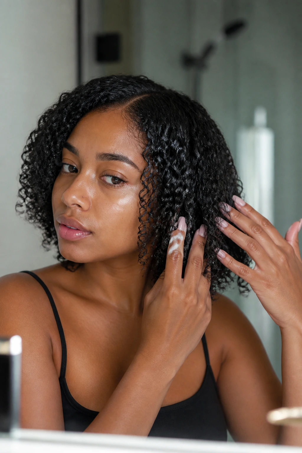 Medium close-up of a real person applying leave-in conditioner to damp natural hair in a bathroom vanity.