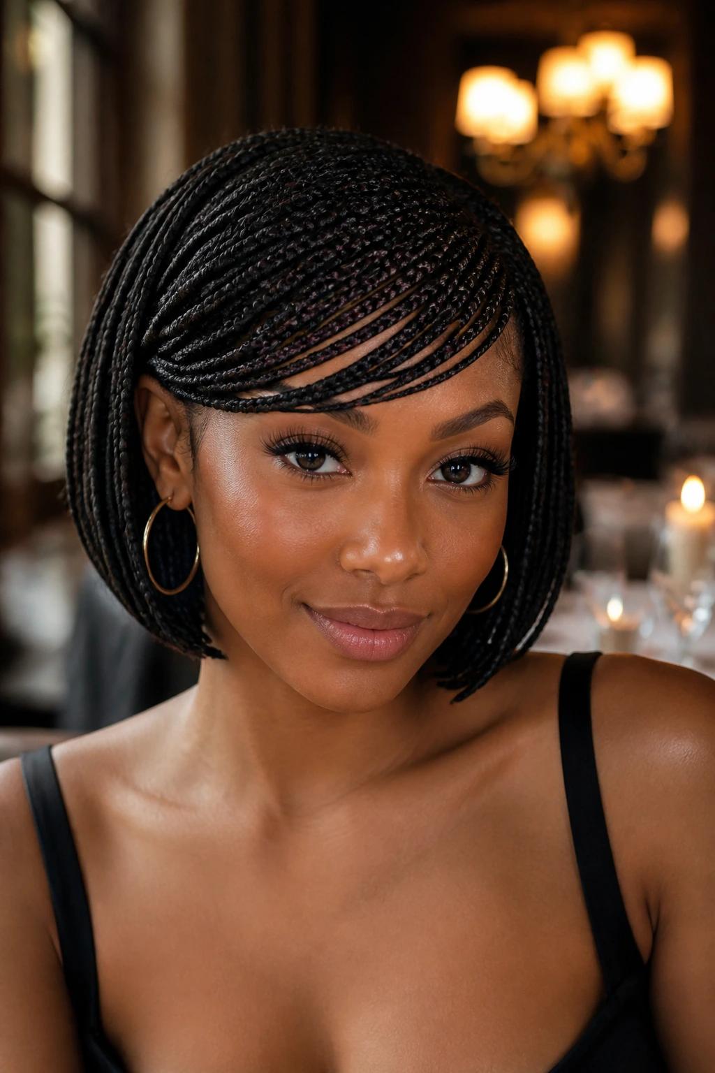 Close-up of a real woman with bob and side-swept bangs in warm dining-room light.