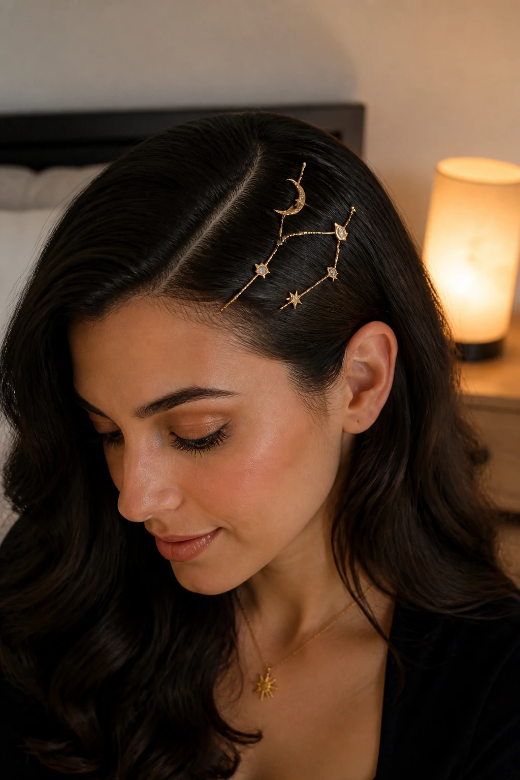 Real woman wearing crescent moon and star bobby pins along a deep side part.