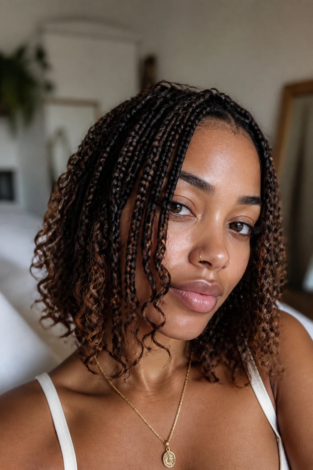Close-up of a real woman with Bohemian Box Braids with Ringlets featuring slim base braids and loose ringlet curls