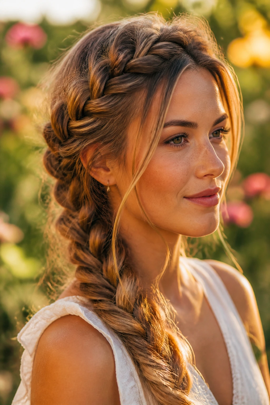 Close-up of a real woman with side-swept Dutch braid forming a V shape