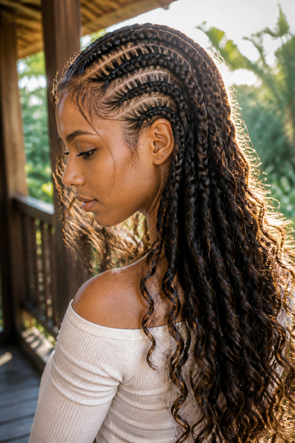 Real woman with chunky cornrows ending in loose waves for boho look.