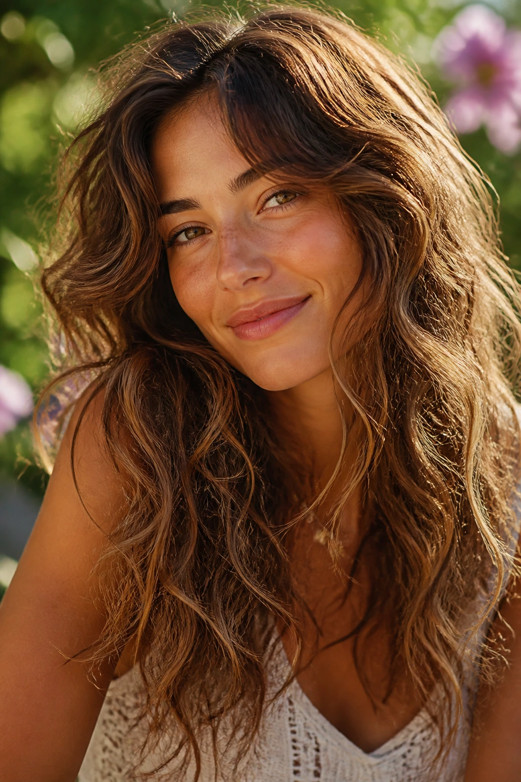 Close-up of a real woman with loose beachy waves and long irregular layers
