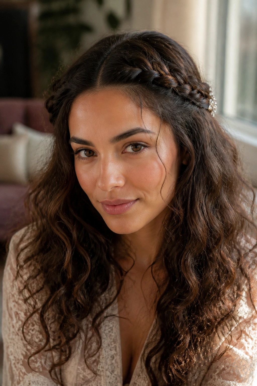 Close-up of a real woman's head showing two temple twists meeting at the back with a sparkly barrette