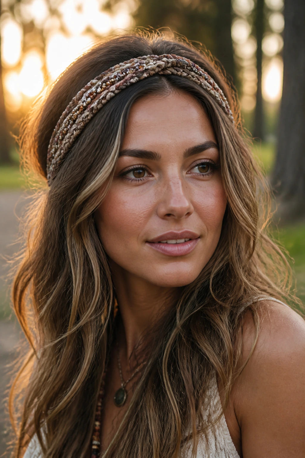 Close-up of a real woman wearing a bohemian headband hairstyle outdoors
