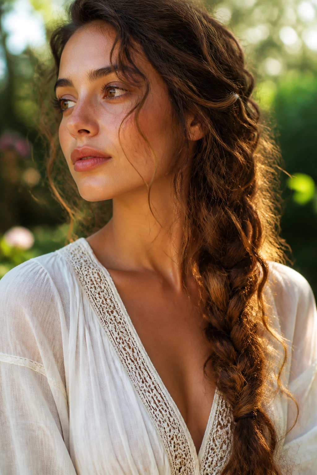 Close-up of a real woman with a loose bohemian side braid in outdoor light