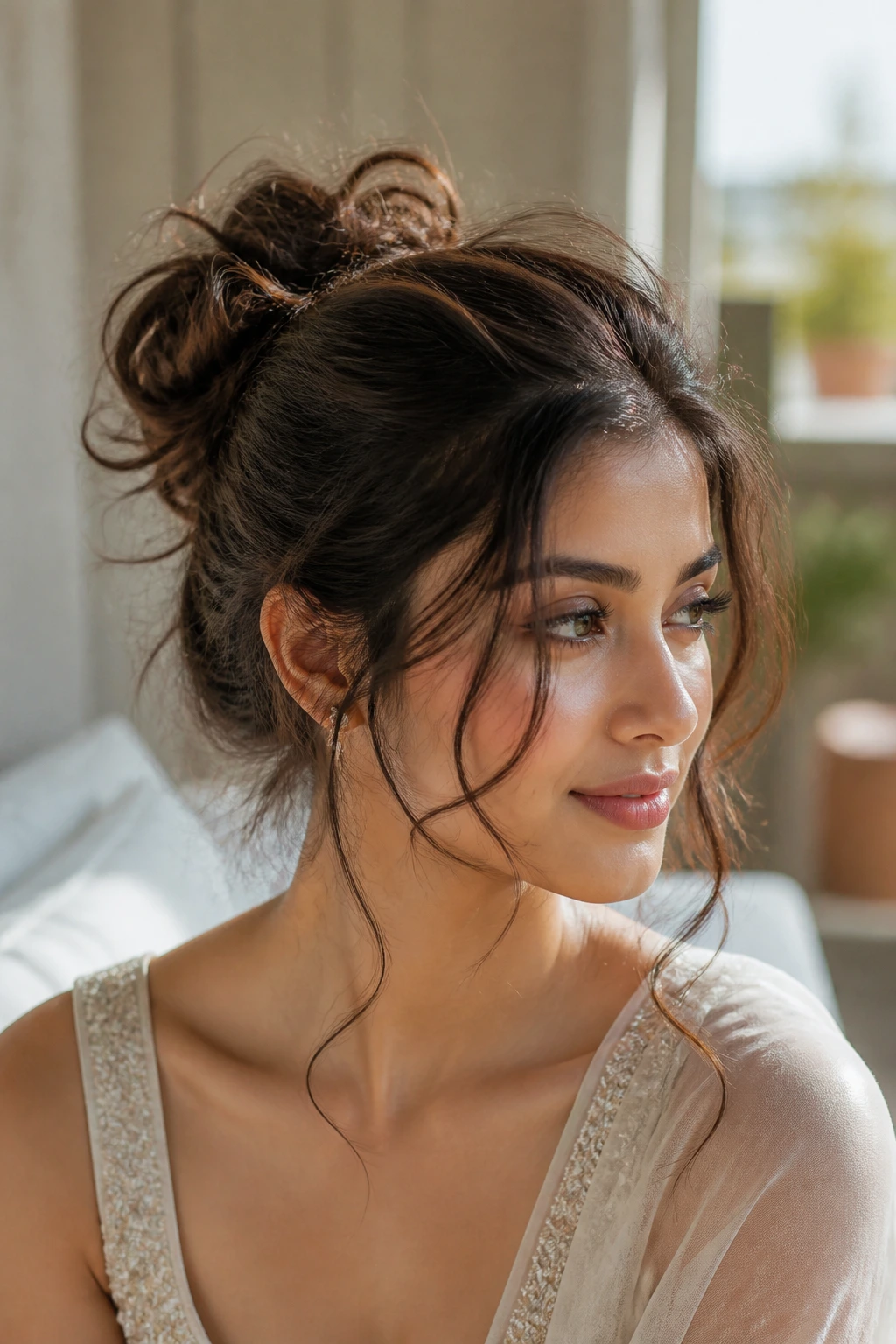 Close-up of a real woman with a messy boho bun and tendrils around her face