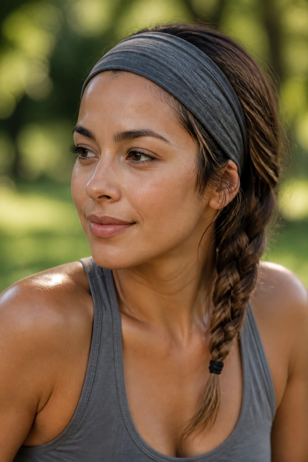 Real woman with boho-chic side braid and headband outdoors