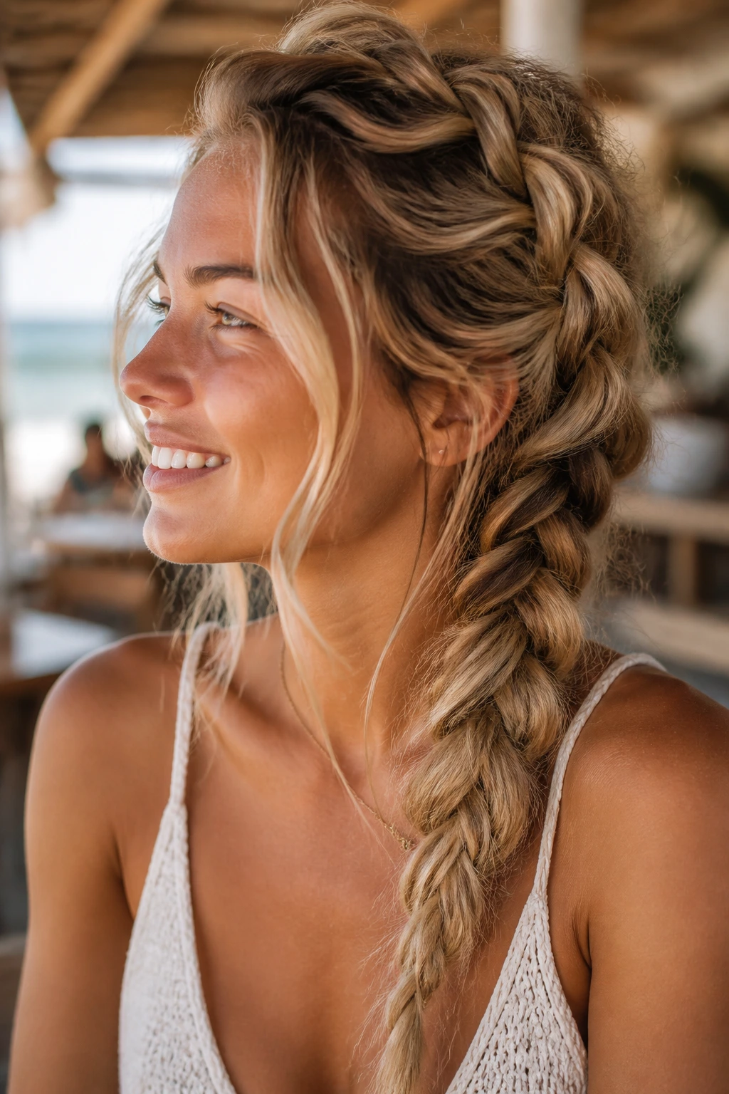 Close-up of a real woman with a voluminous, messy boho inverted braid outdoors.
