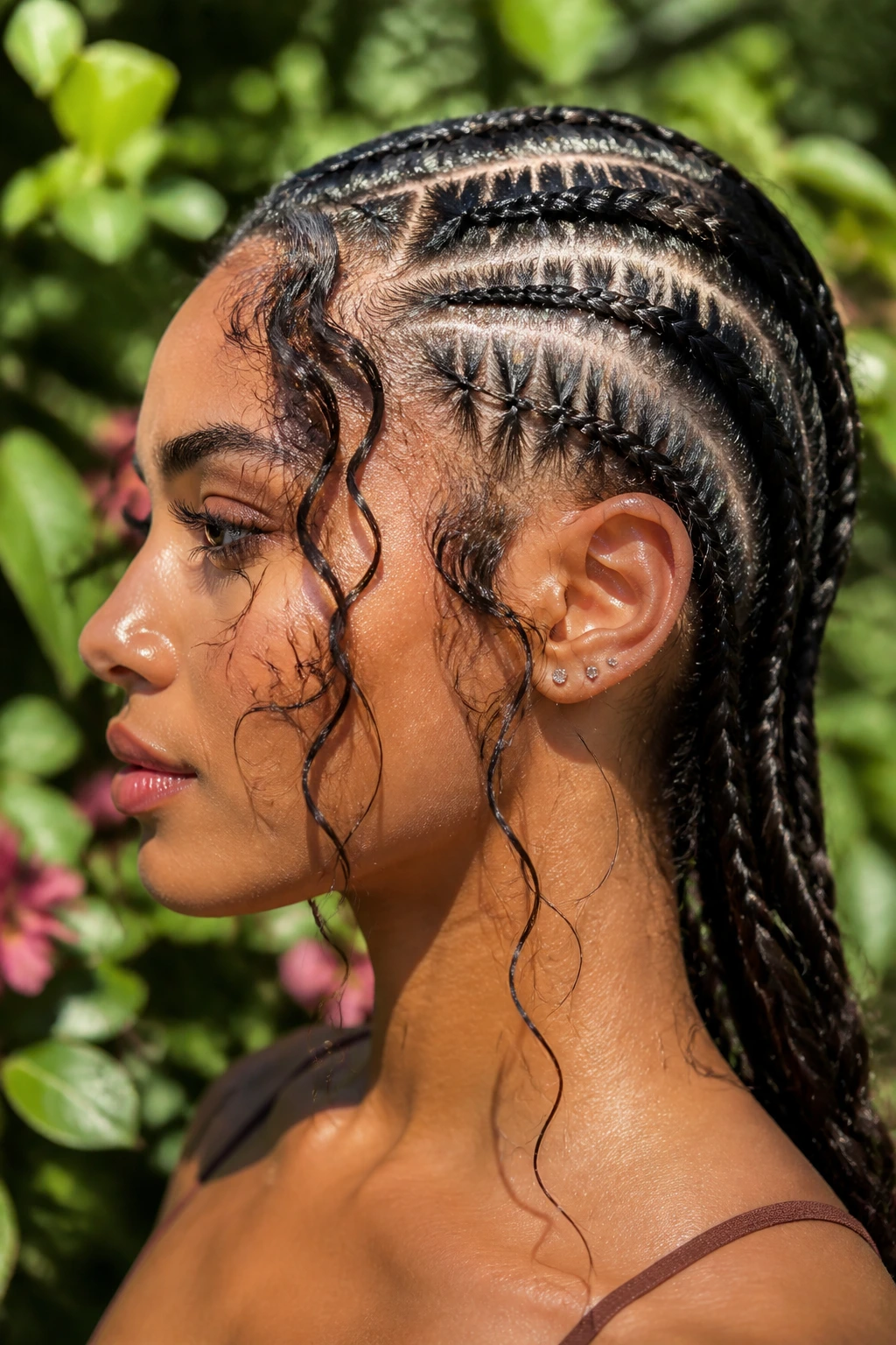 Side profile of woman with cornrows and curly boho tendrils.