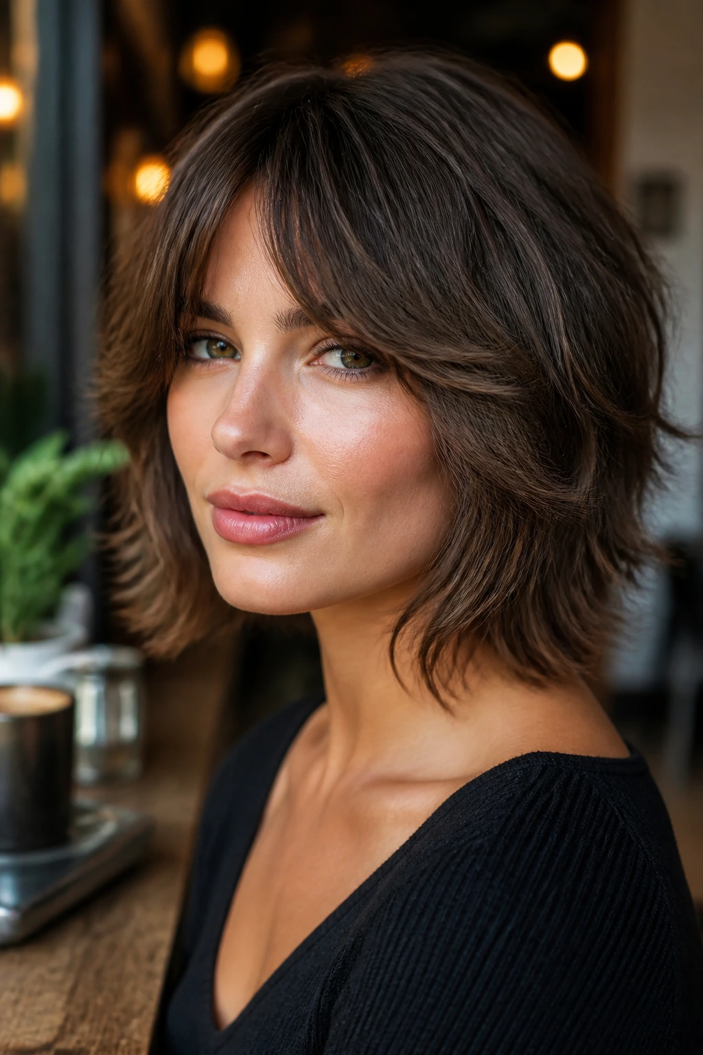 Portrait of a woman with bottleneck bangs and a jaw-length shag in a cafe setting.