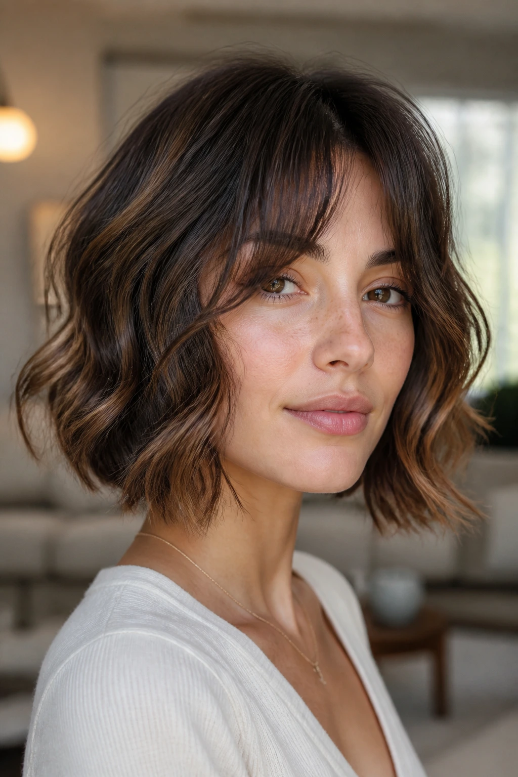 Close-up portrait of bottleneck bob hairstyle on a real woman in warm living room lighting