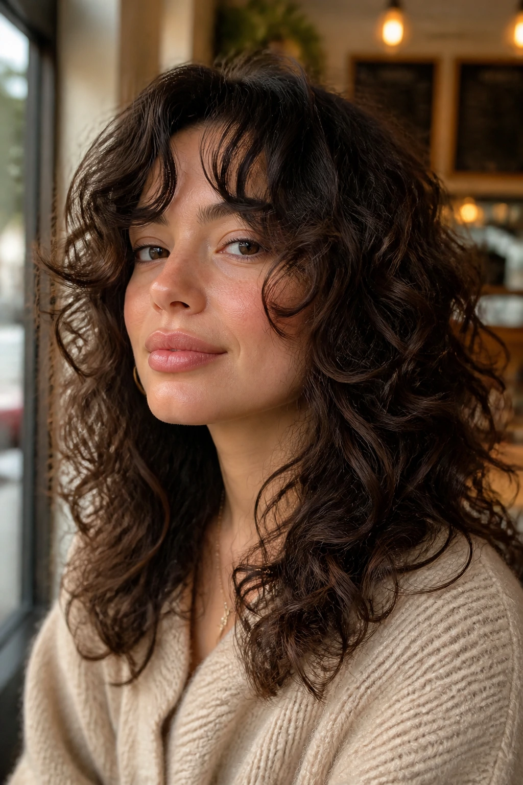 Close-up of a real person with bottleneck butterfly fringe.