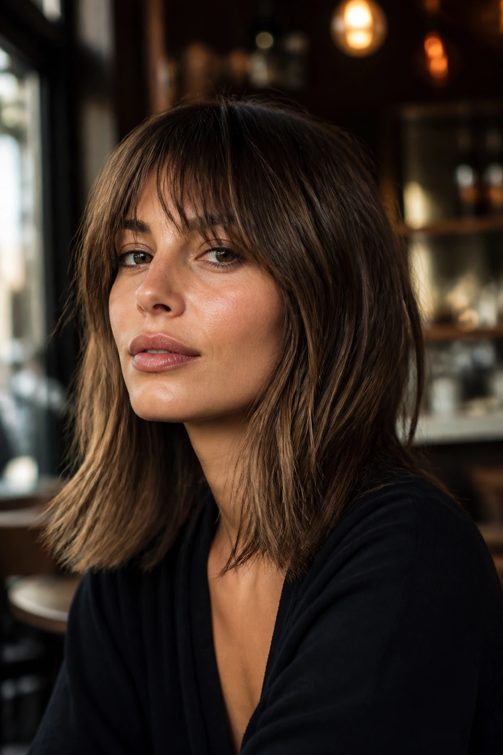 Close-up portrait of a person with bottleneck fringe