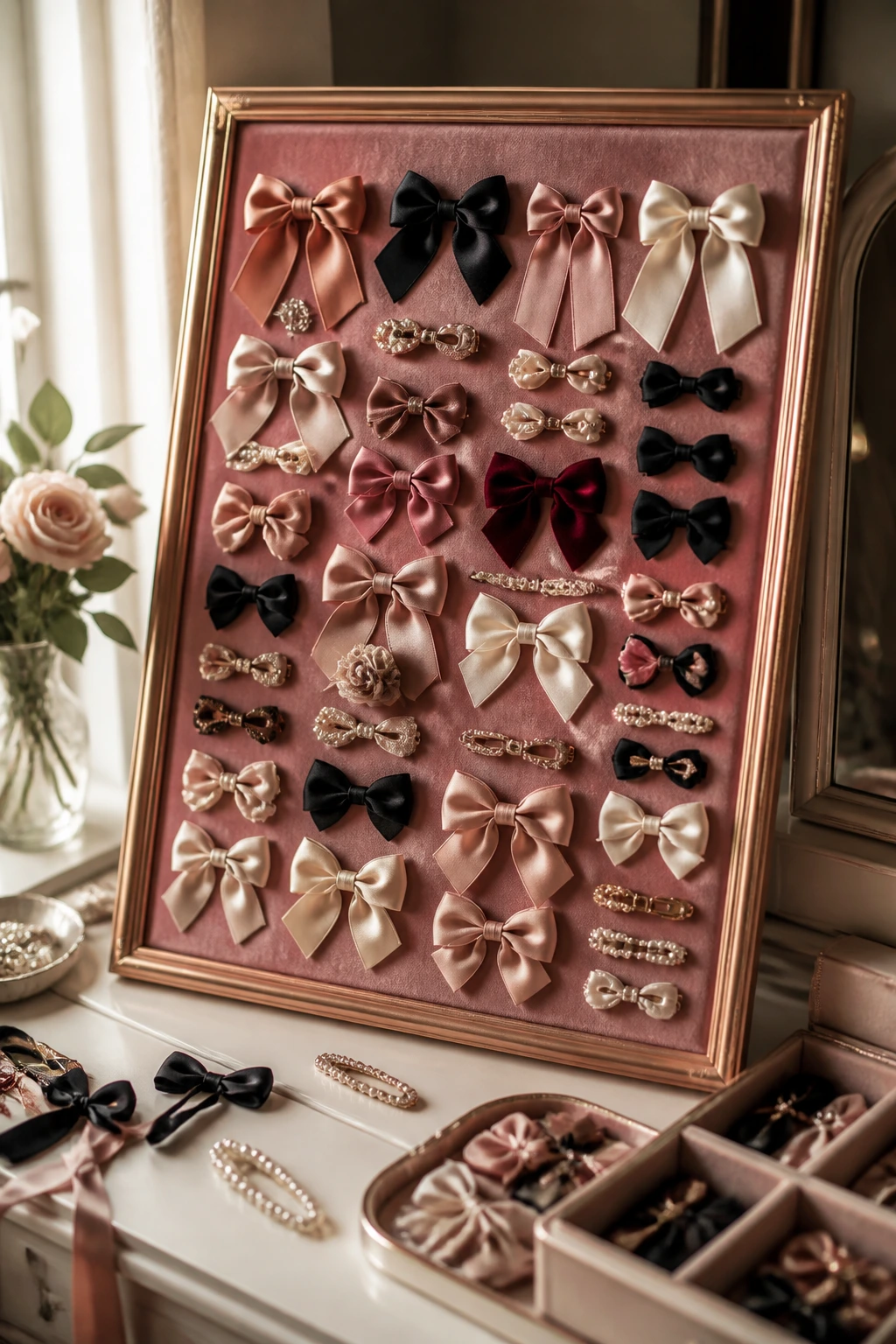 Close-up of velvet bow display with silk ribbons and clips on a vanity