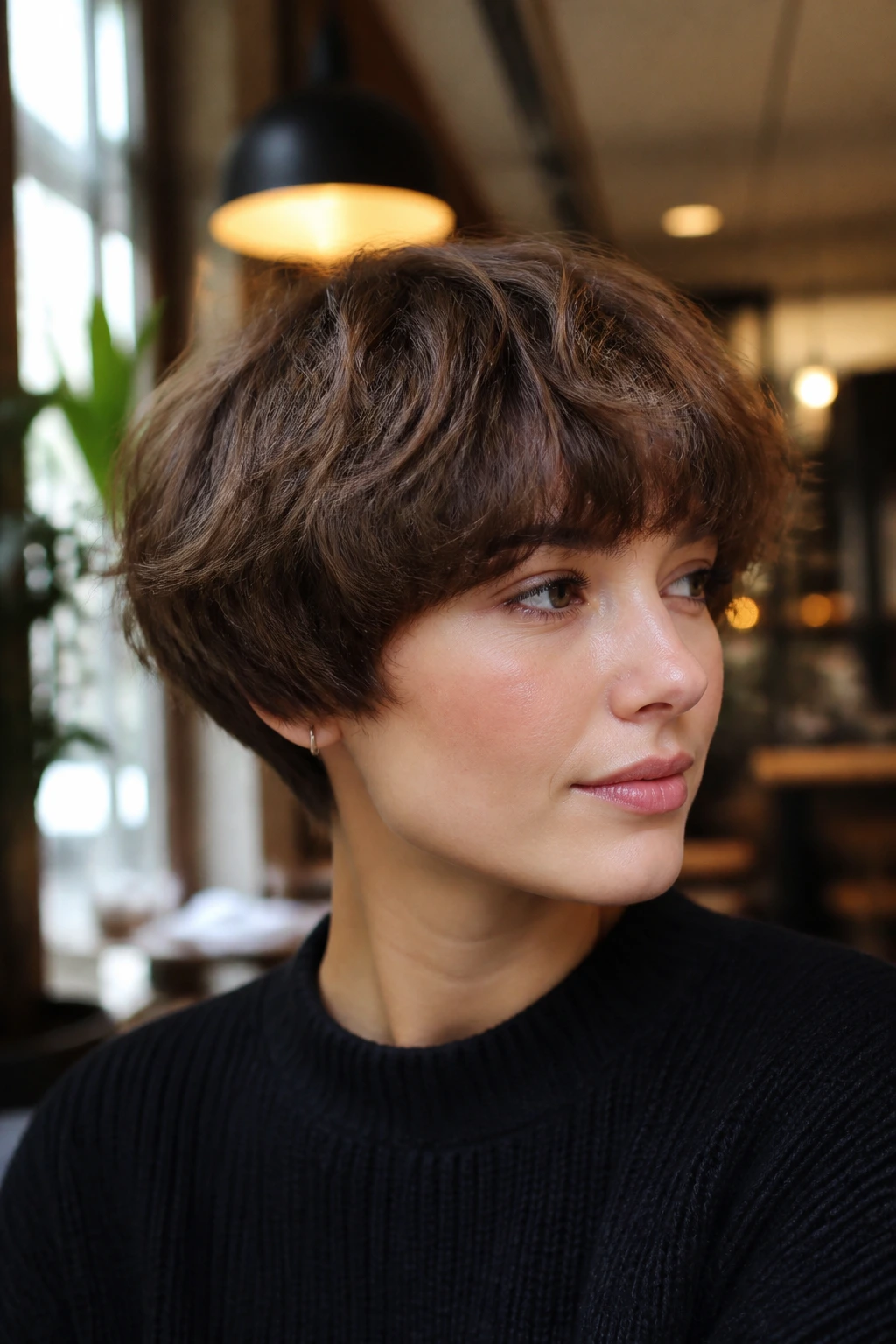 Close-up of rounded bowl bob hairstyle on a real woman in cafe light
