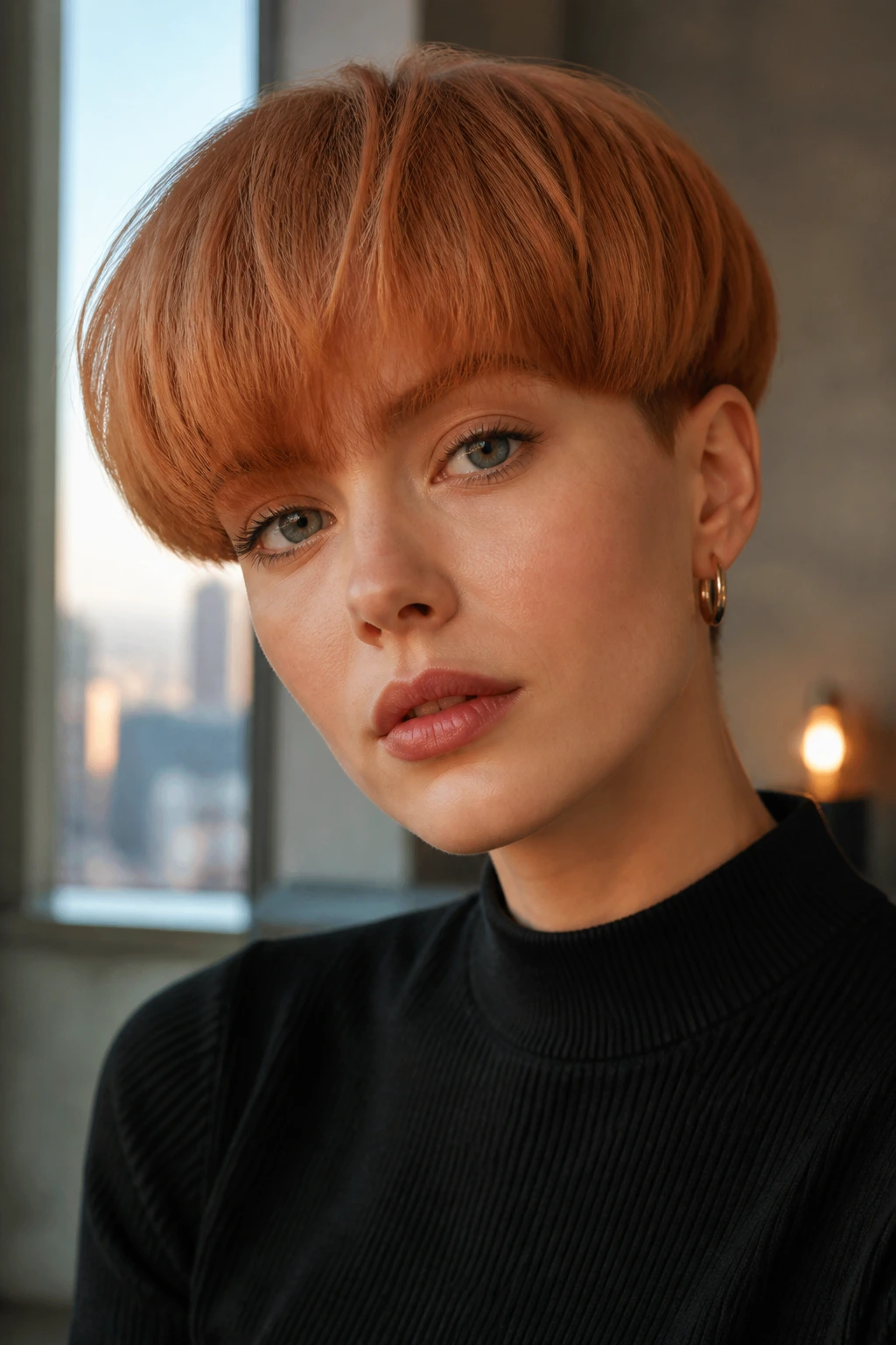 Close-up of a real woman with a rounded bowl cut in apricot copper