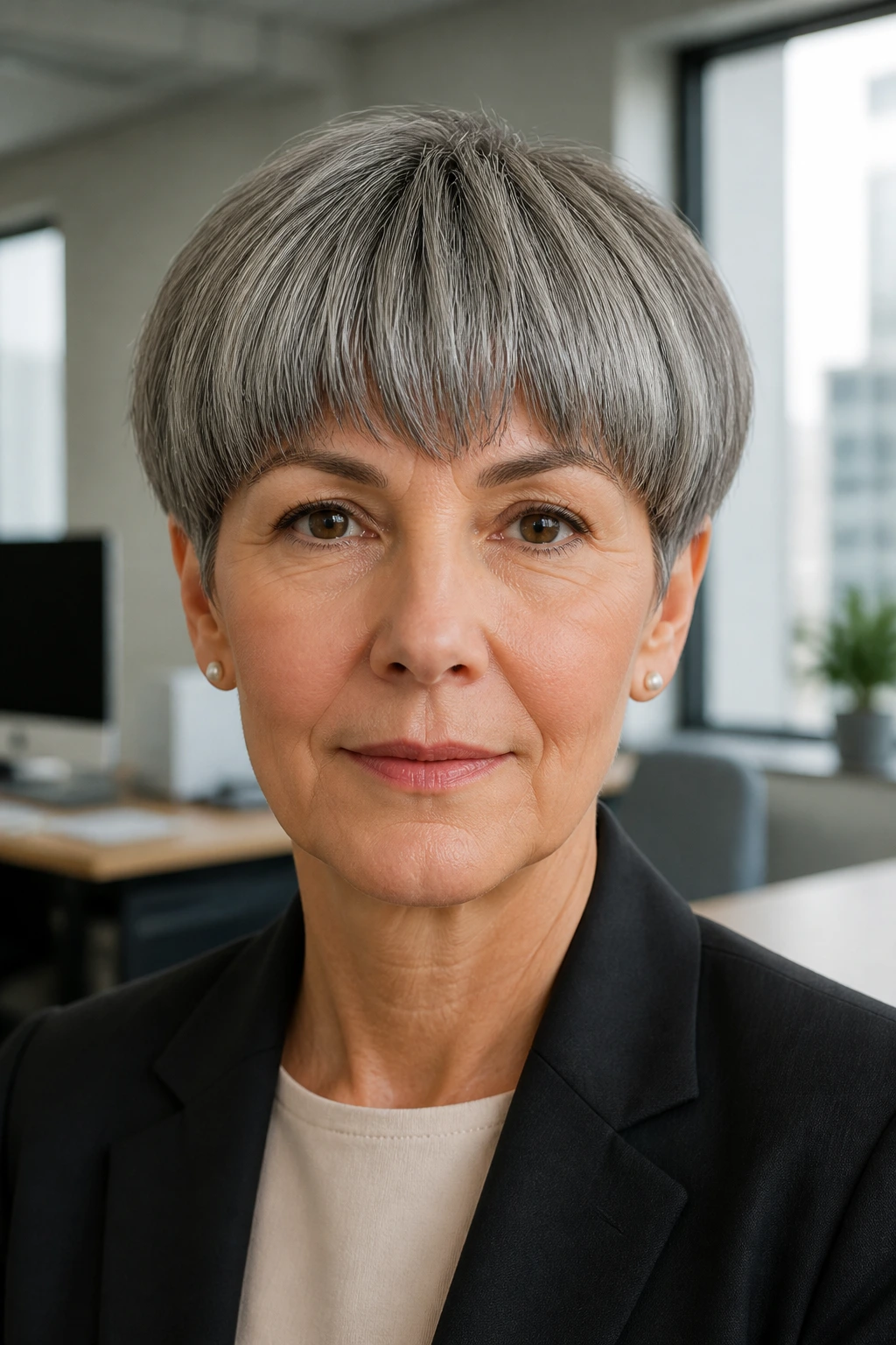 Close-up portrait of a real person with a modern bowl cut in an office setting.