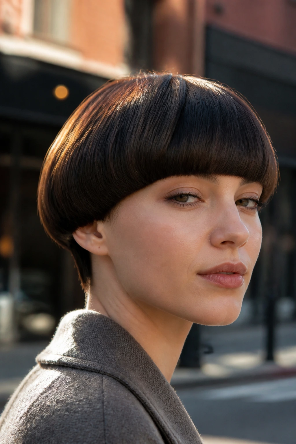 Close-up of a real person with a modern bowl cut and fringe