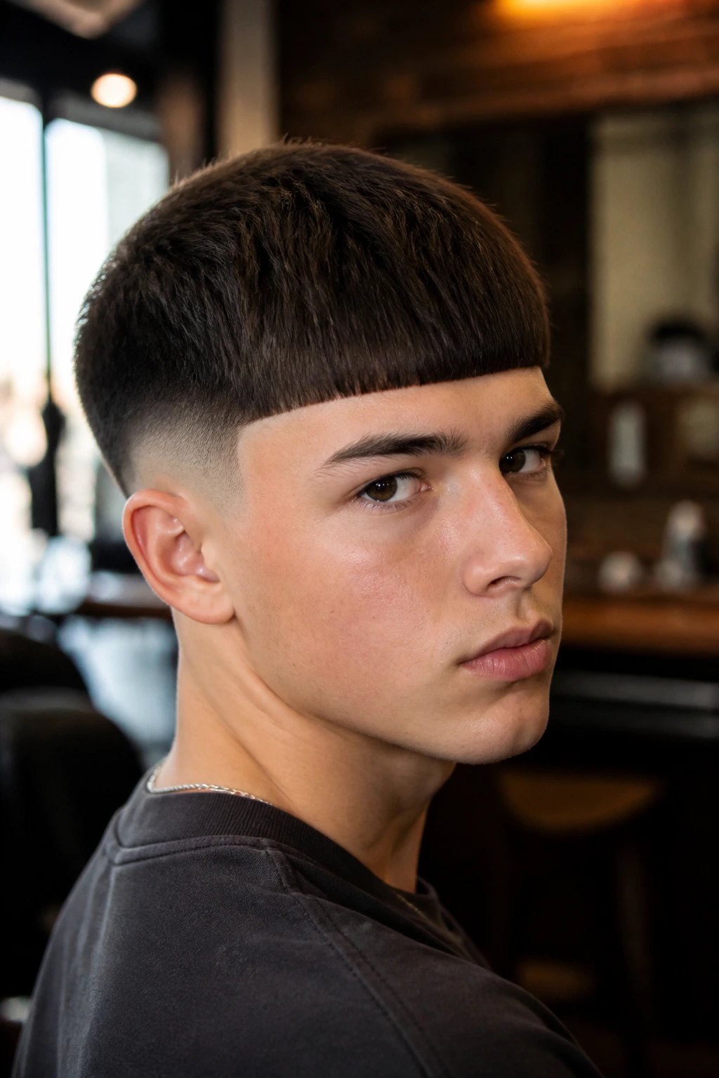 Teen with modern bowl cut and crisp fringe