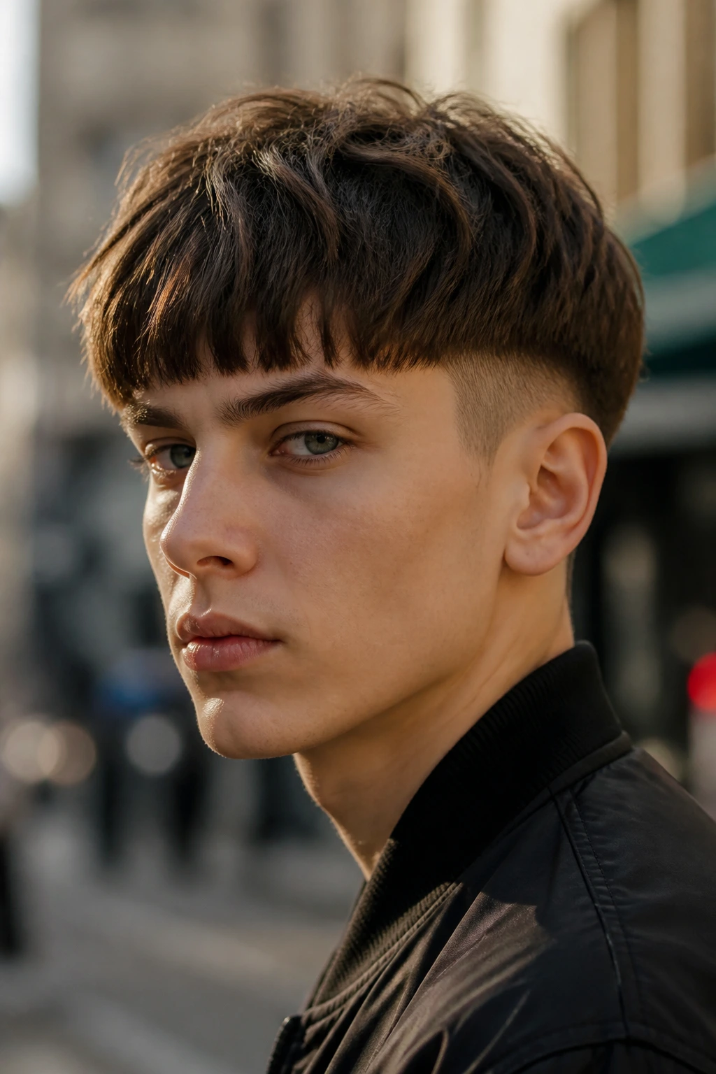 Close-up of a real person with a modern textured bowl cut outdoors