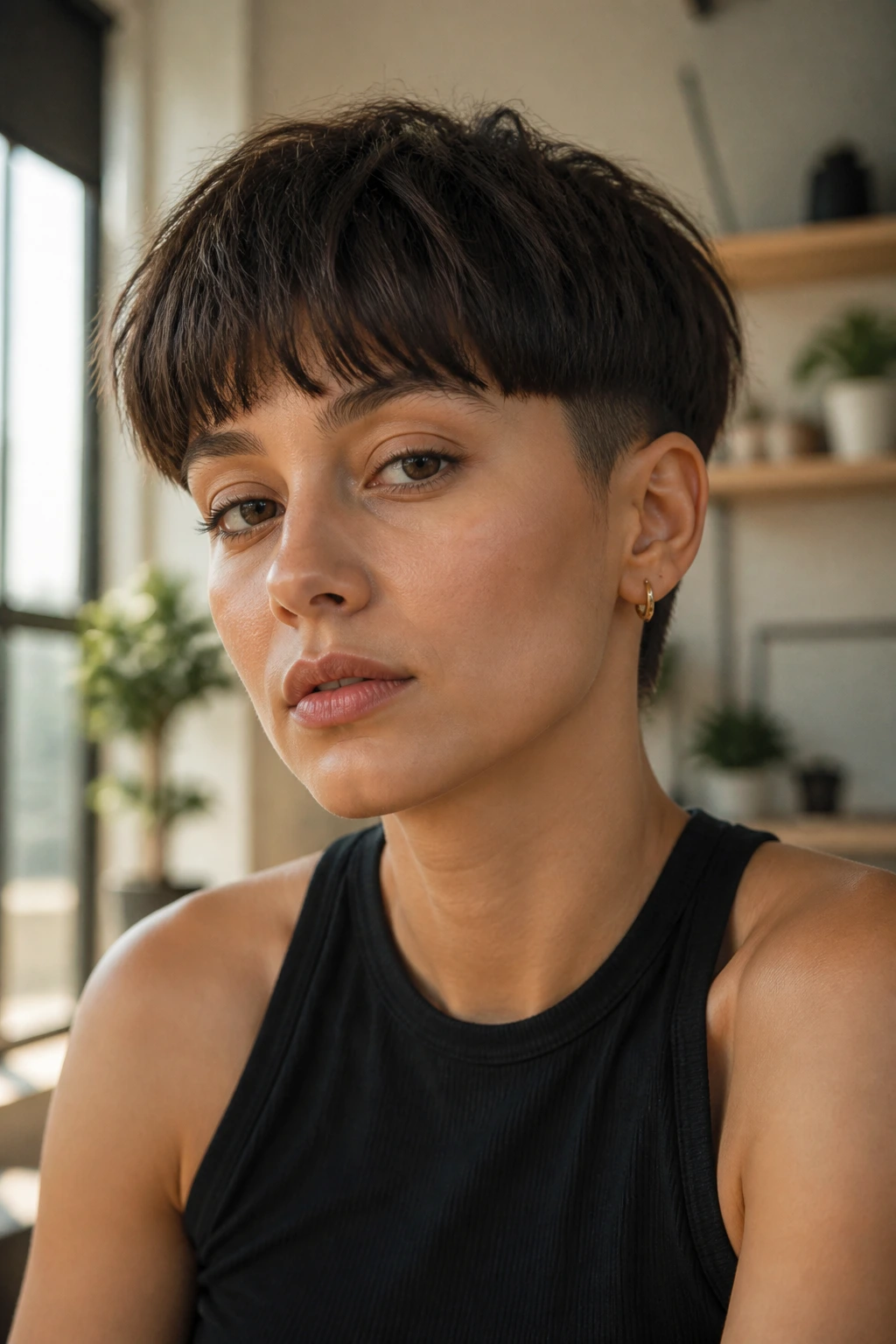 Close-up portrait of a real woman with a modern textured bowl cut