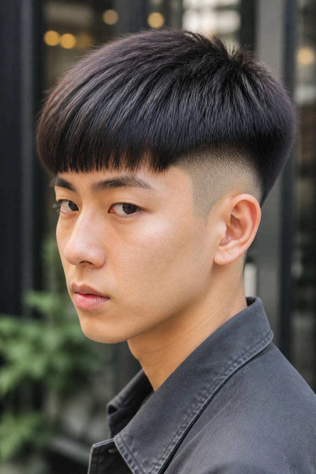 Portrait of a person with bowl-cut inspired undercut and blunt fringe.