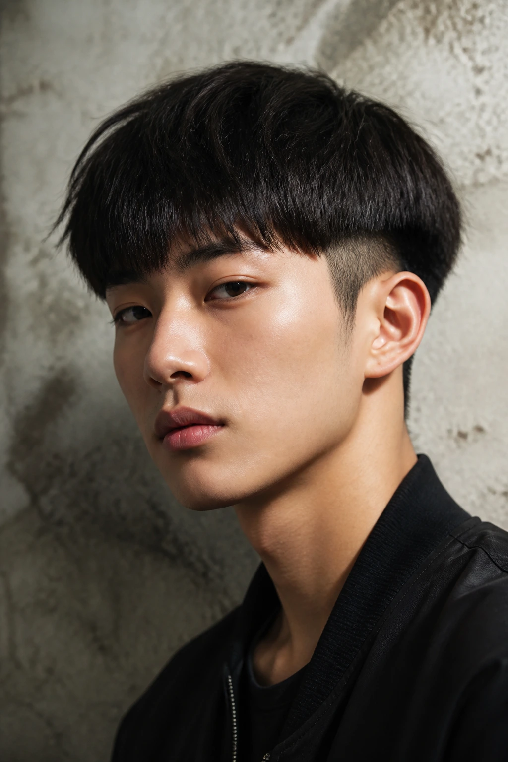 Front view of a real person showing a bowl-cut undercut hybrid hairstyle.