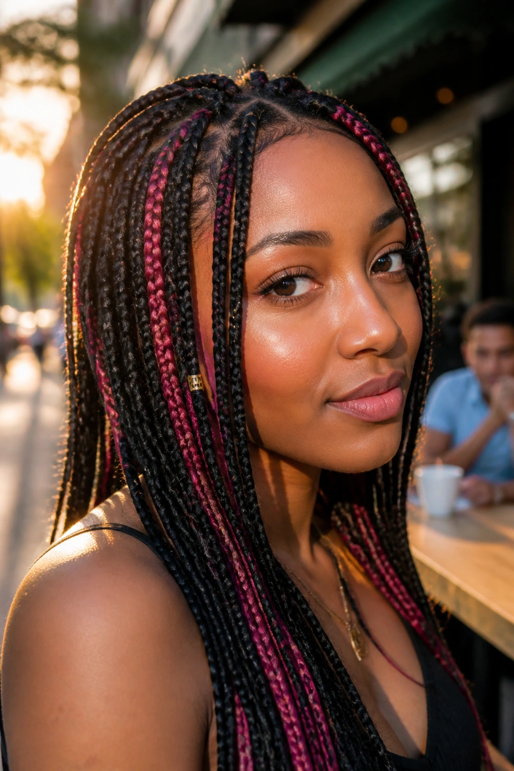 Close-up of a real woman with colorful box braids in outdoor light