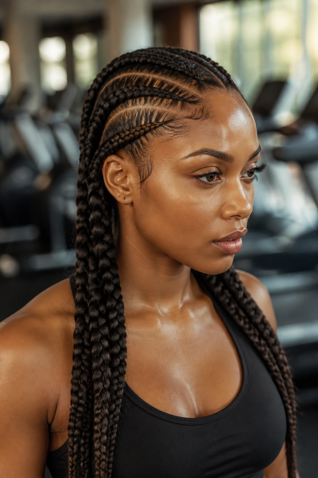 Close-up of real person with box-to-goddess hybrid braids in a gym