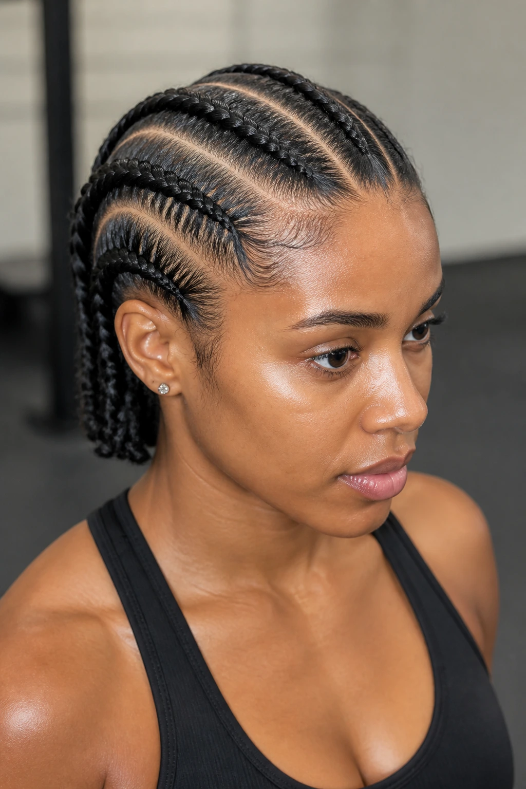 Real woman with multiple boxer braids on a bob