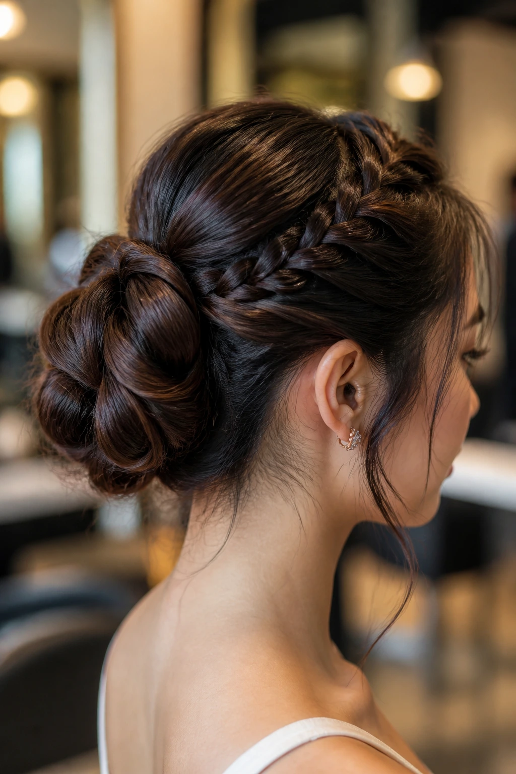 Close-up of a woman with front braid blending into a back bun