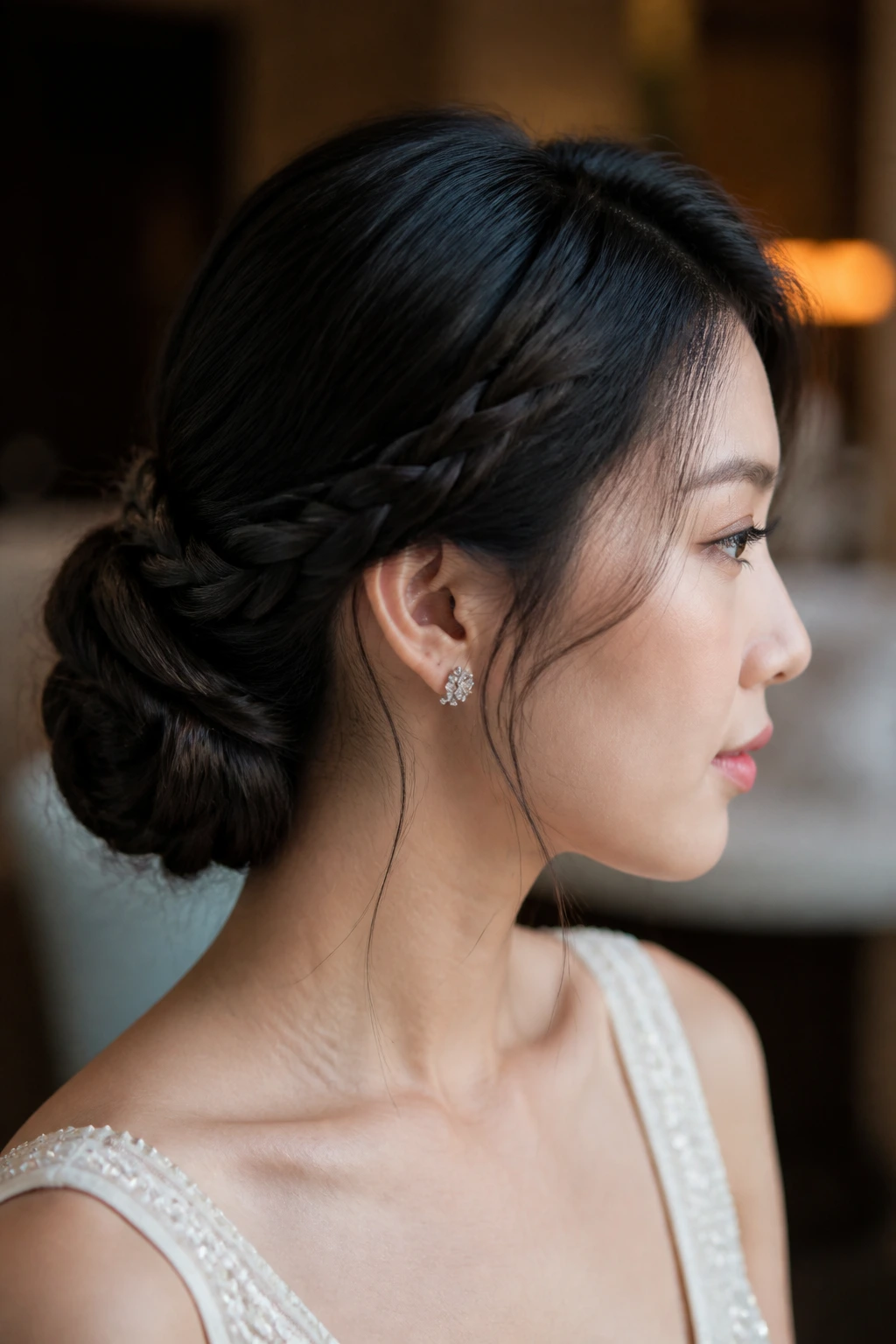Real woman with a low chignon wrapped by a braid.