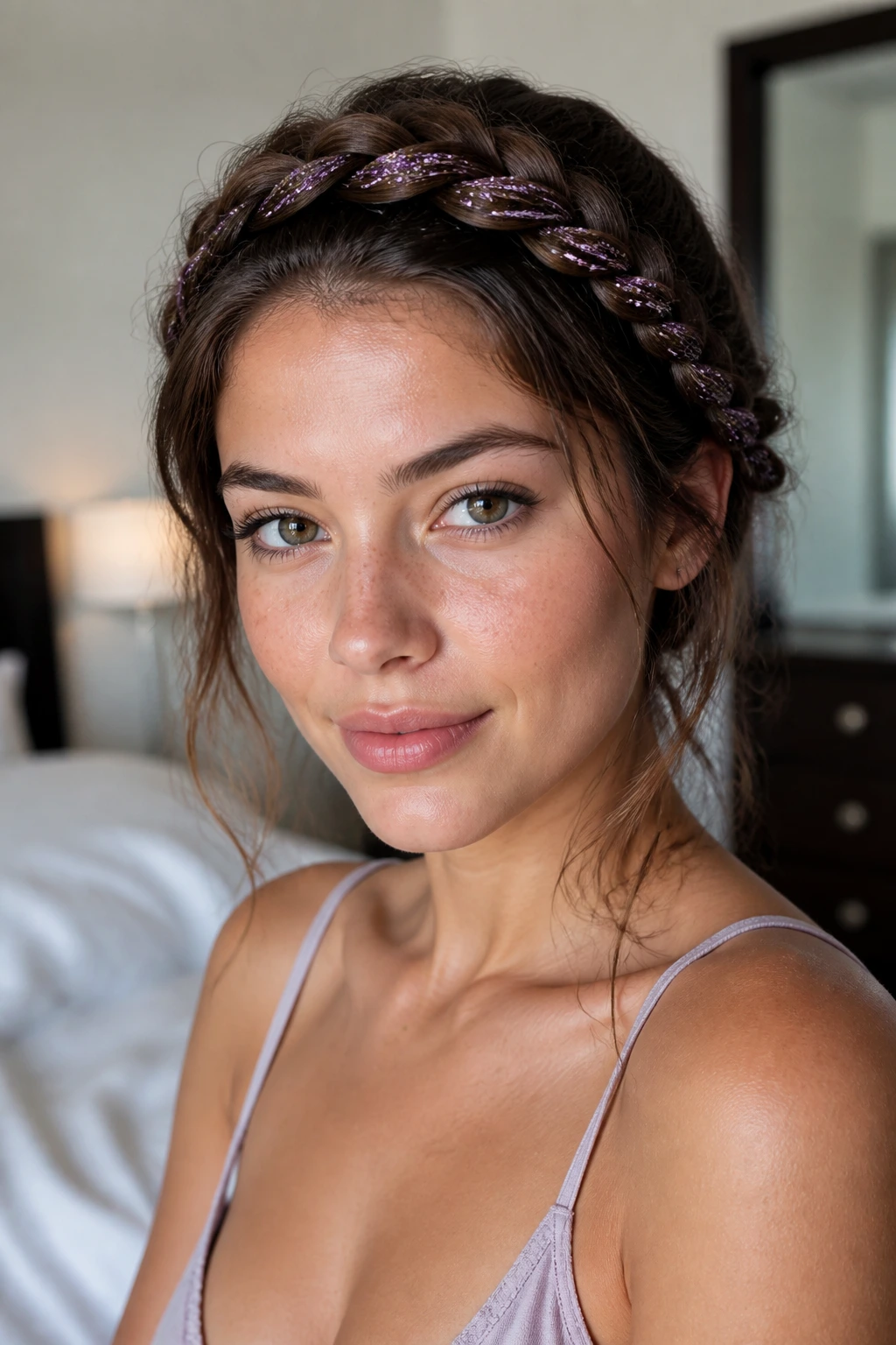 Close-up of a real woman with a halo braid sparkled with glitter.