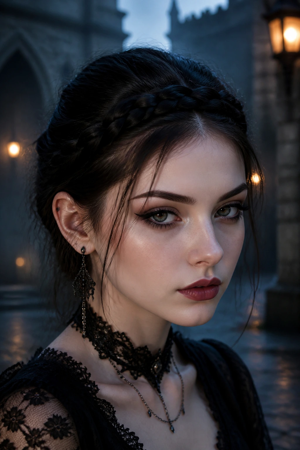 Portrait of a real woman with a Dutch braid headband and wispy ends