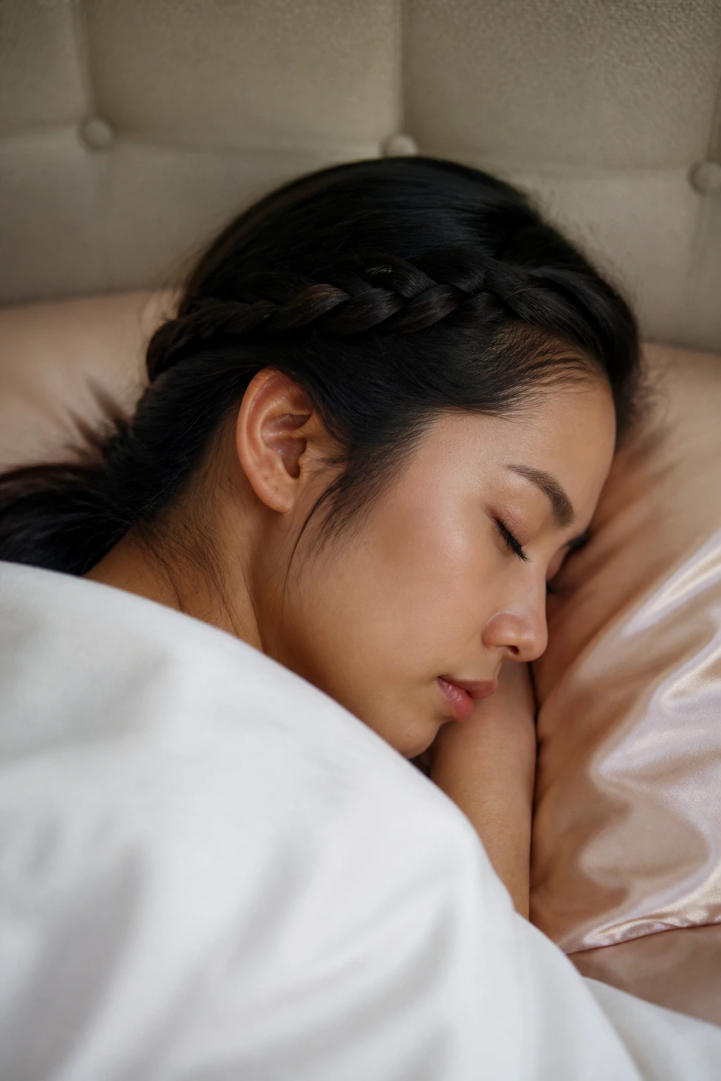 Close-up of a real person with a loose braid resting on a satin pillow