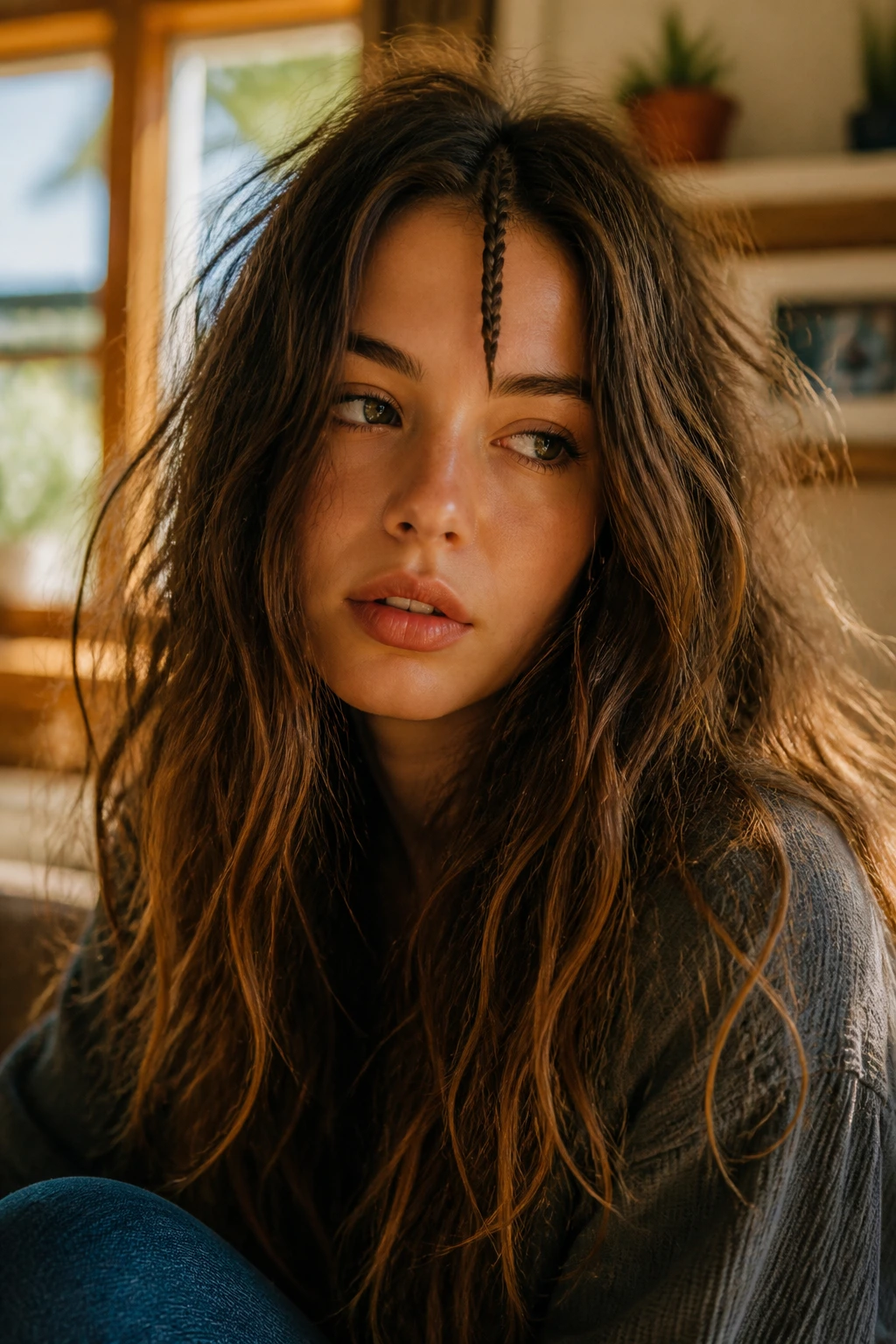 Close-up of a real person with a small front braid and wild, uncoordinated hair