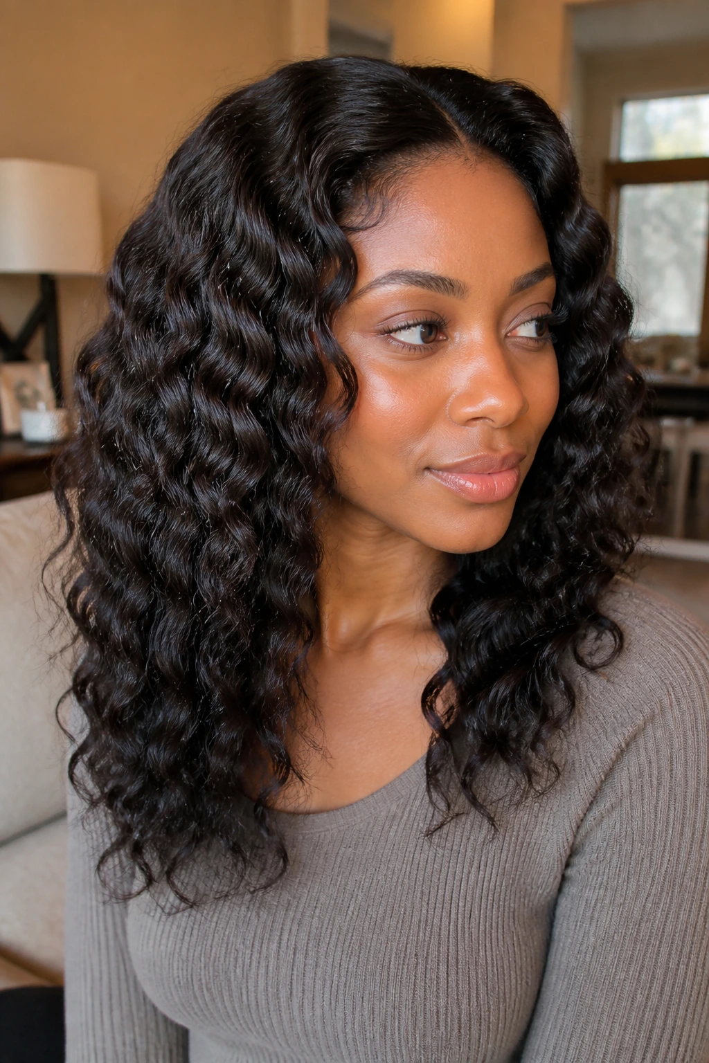 Close-up of a real woman with braid-out waves