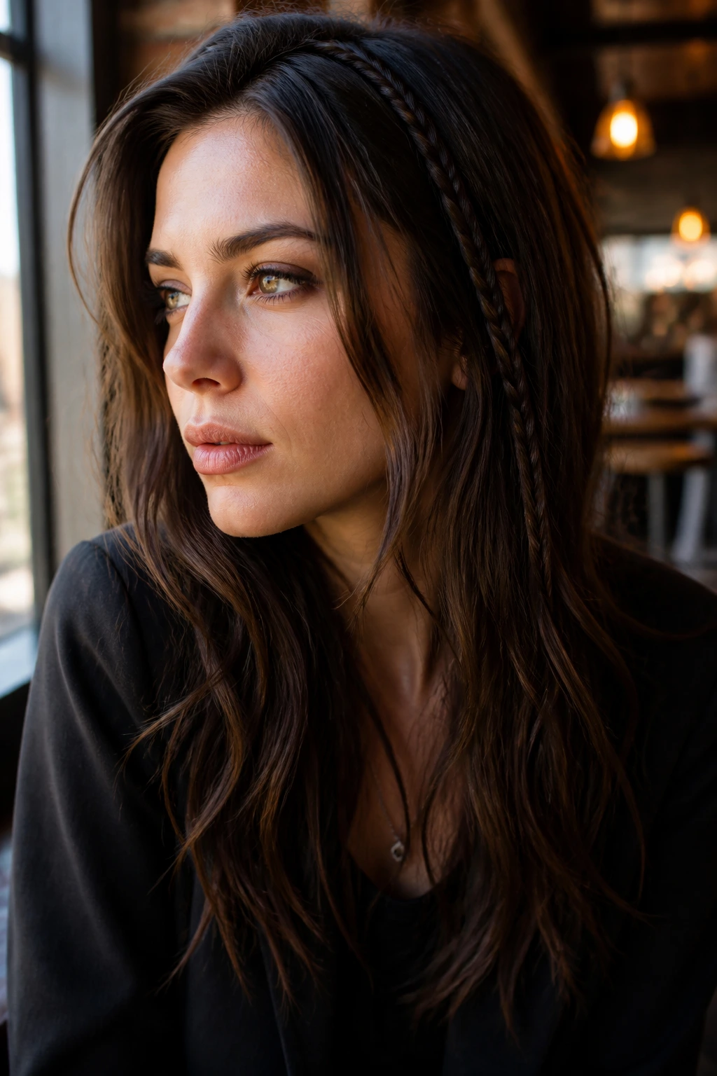 Close-up portrait of a real woman with a thin braid at the temple and loose waves.