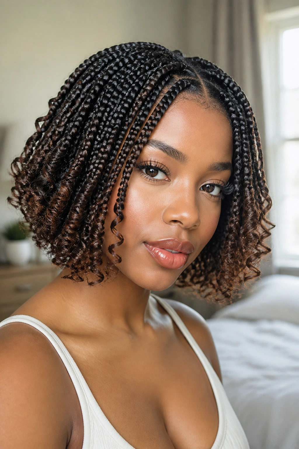 Woman with chin-length braided bob and curly ends
