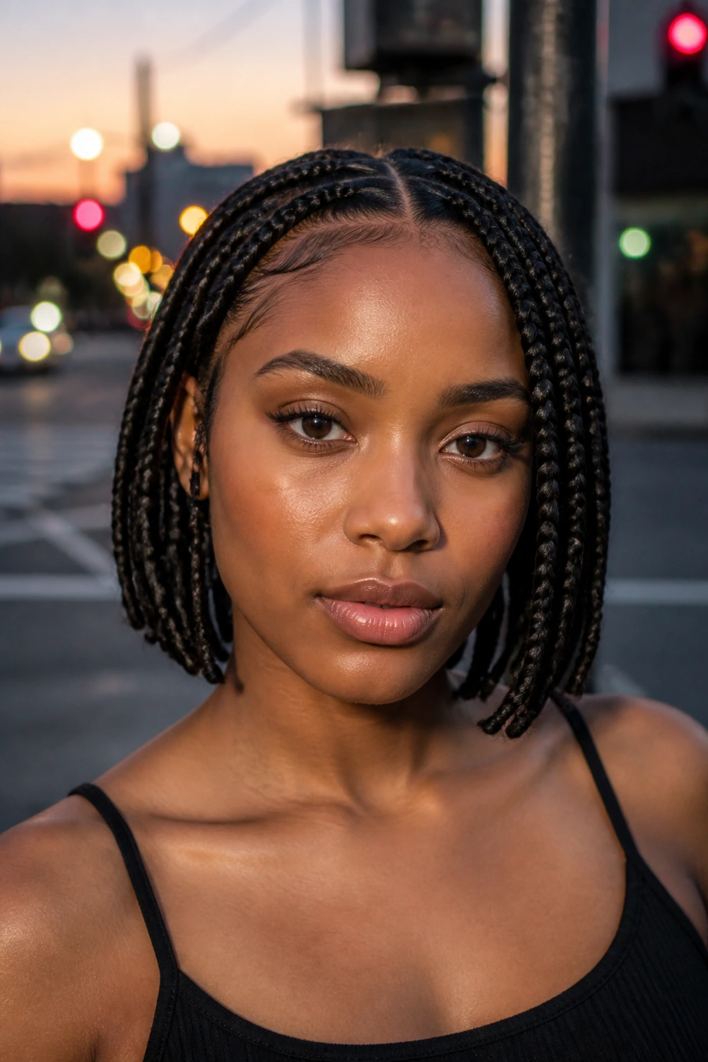 Close-up of a real person with a minimalist braided bob on an urban street