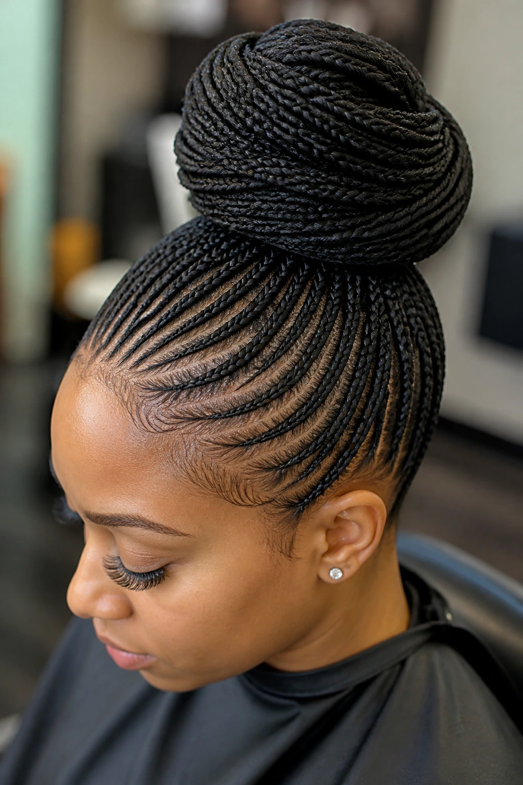 Close-up of a real woman with a braided bun made from micro cornrows in a salon.
