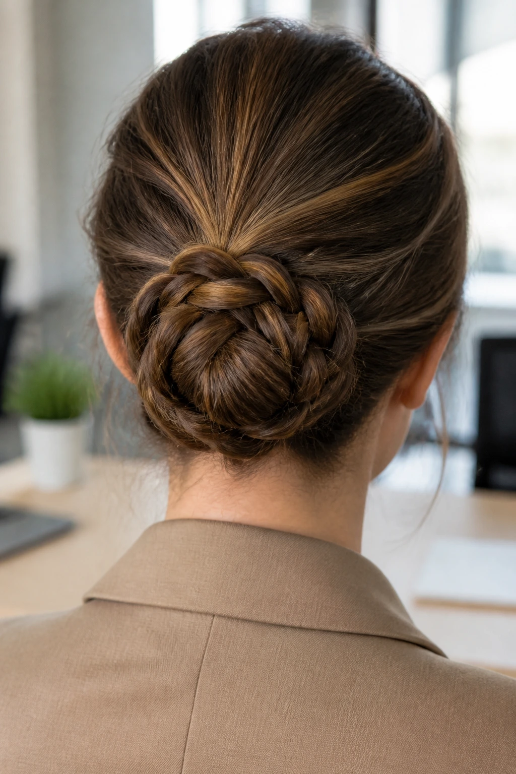 Rear view of a woman with a braided bun in an office environment
