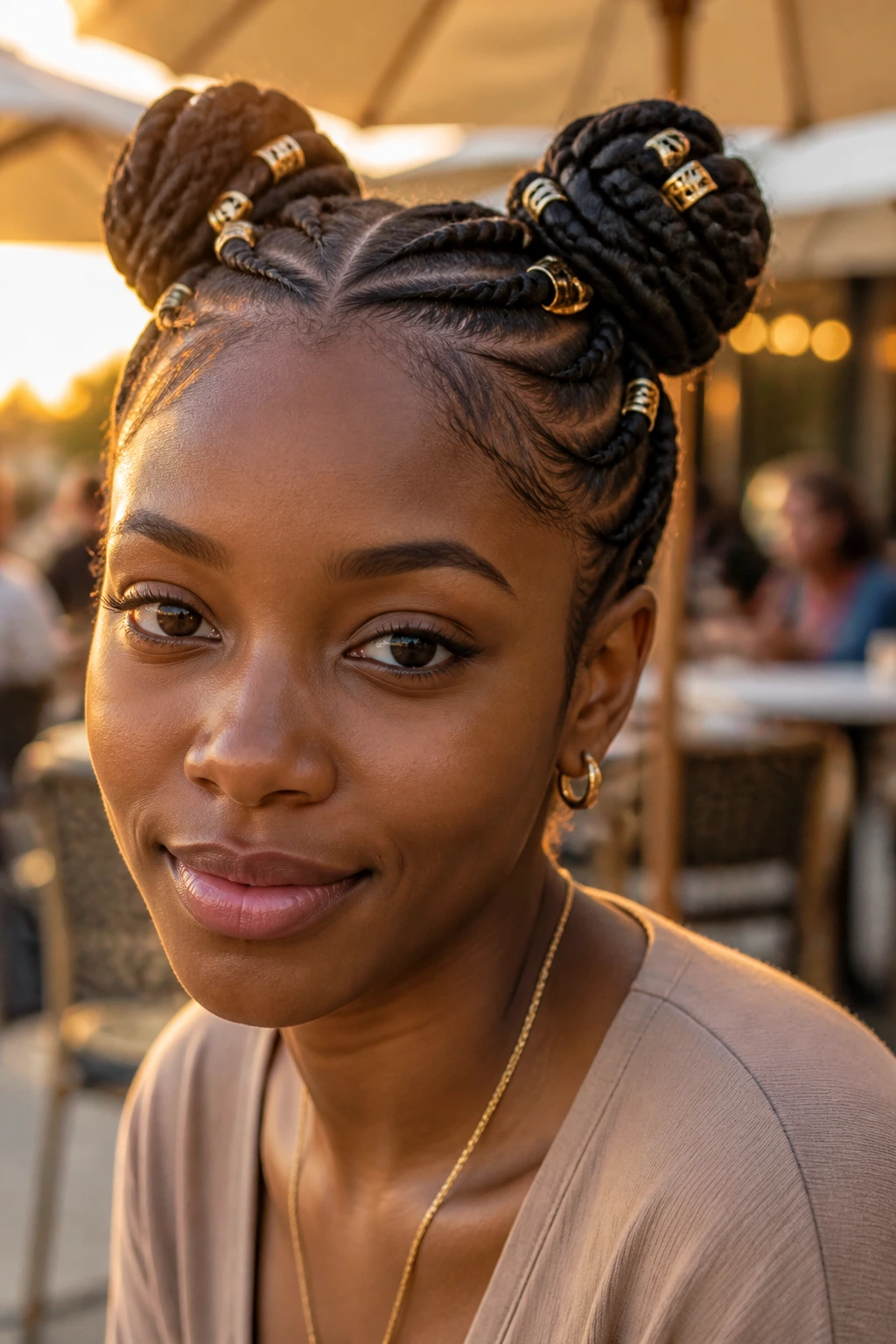 Close-up of a real person with braided buns and metallic cuffs along the braids