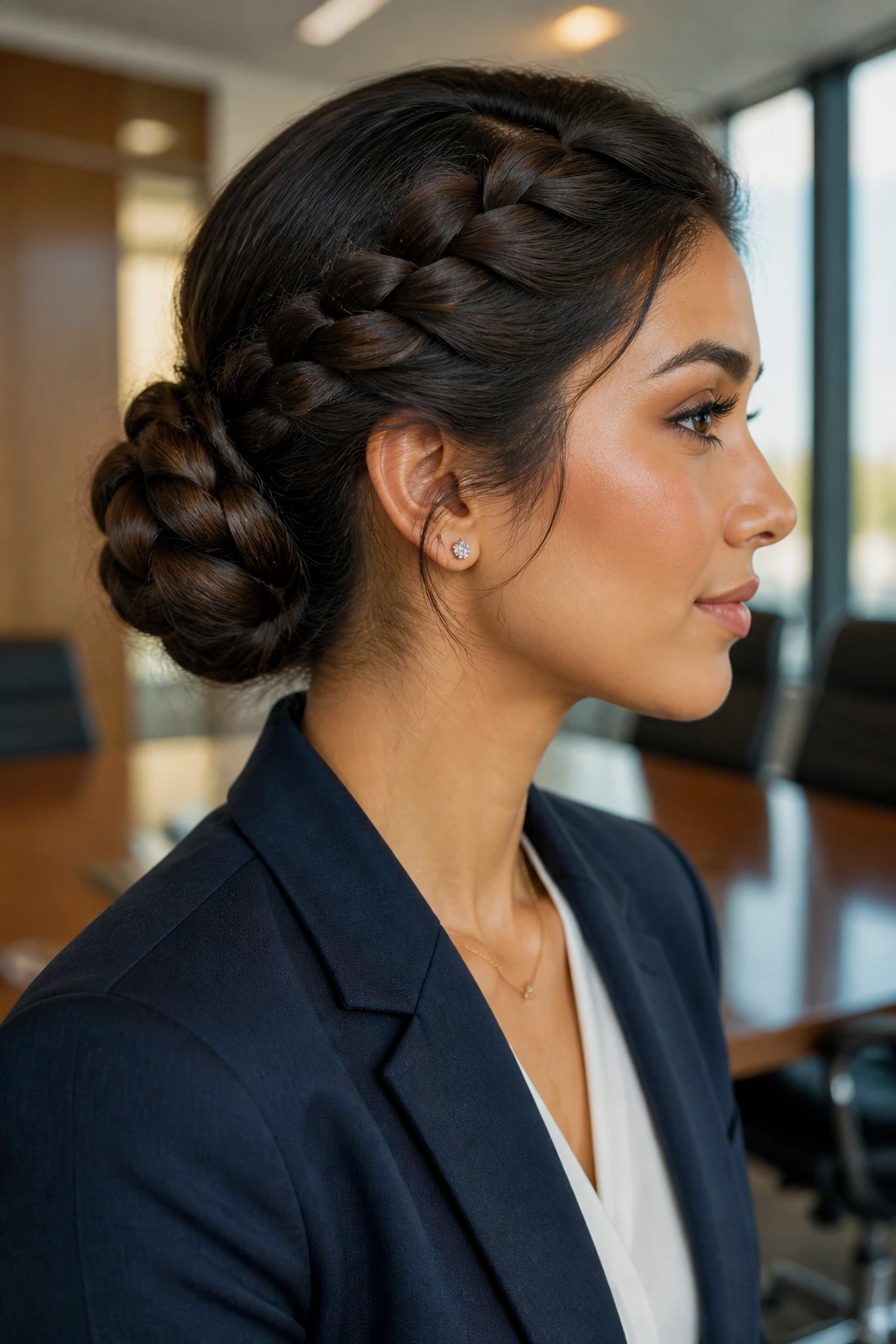 Close-up of a real woman wearing a braided chignon low bun in a conference room setting