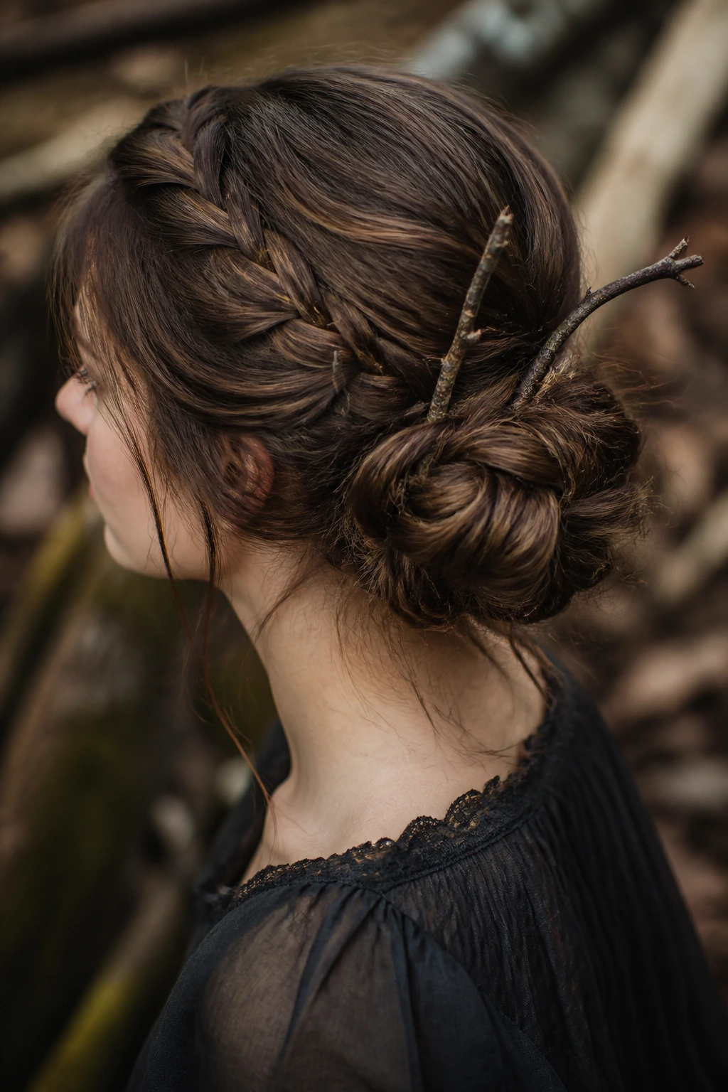 Real person wearing a braided chignon with twigs woven through the bun