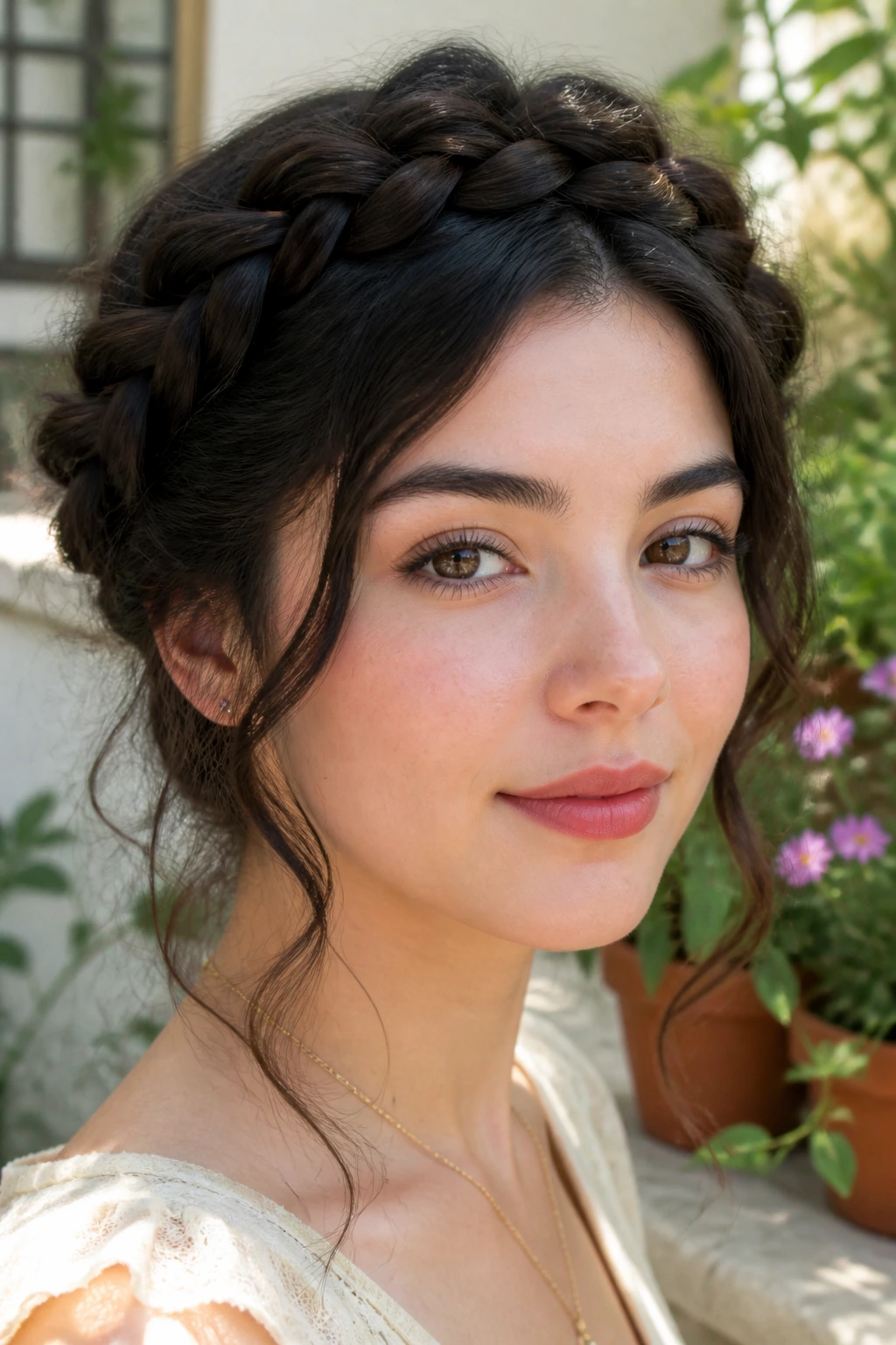 Real woman wearing a braided crown with soft face framing in natural light.