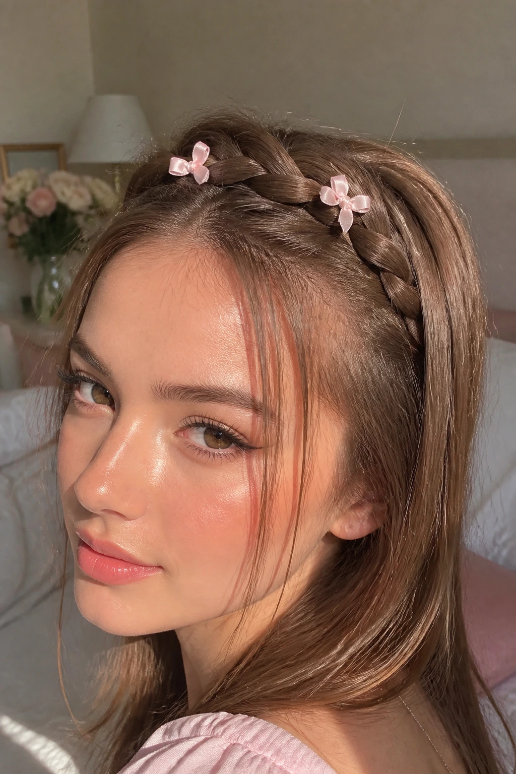 Close-up of a real woman with a braided crown featuring two mini bows.