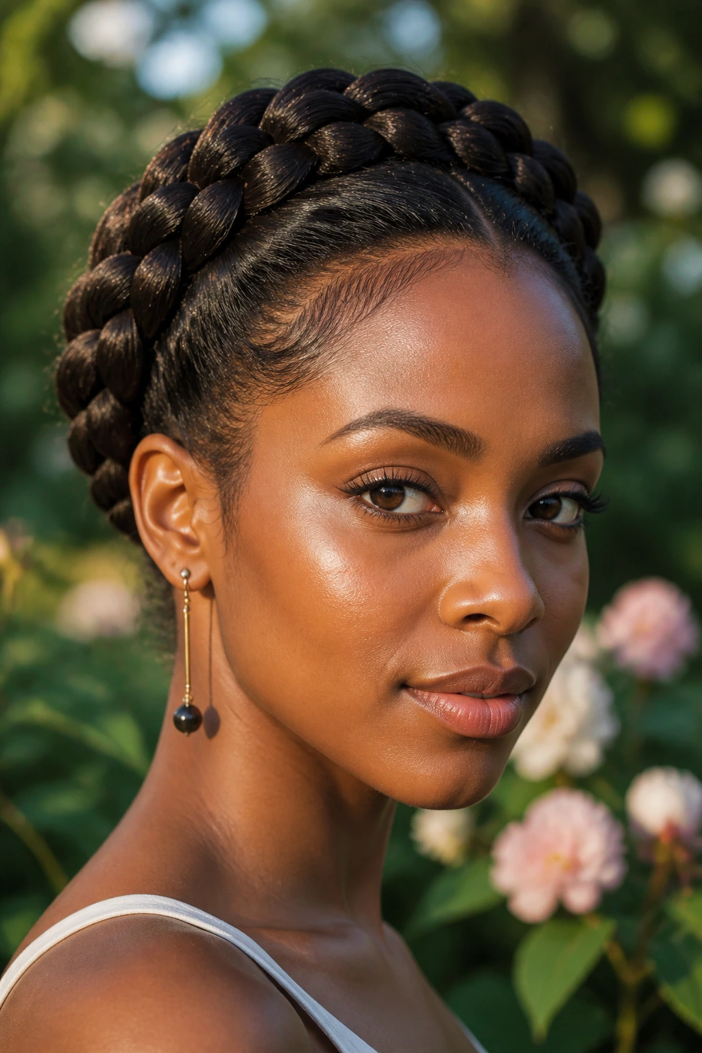 Close-up portrait of a woman wearing a braided crown